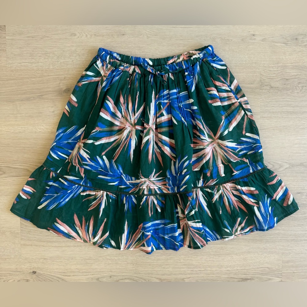 Trovata Birds of Paradis Green Blue Tiered Mini Skirt with Ruffled Tiers Size XS